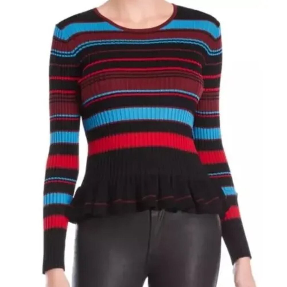 TORN by RONNY KOBO RIBBED KNIT STRIPED SWEATER TOP PEPLUM RUFFLE HEM sz XS